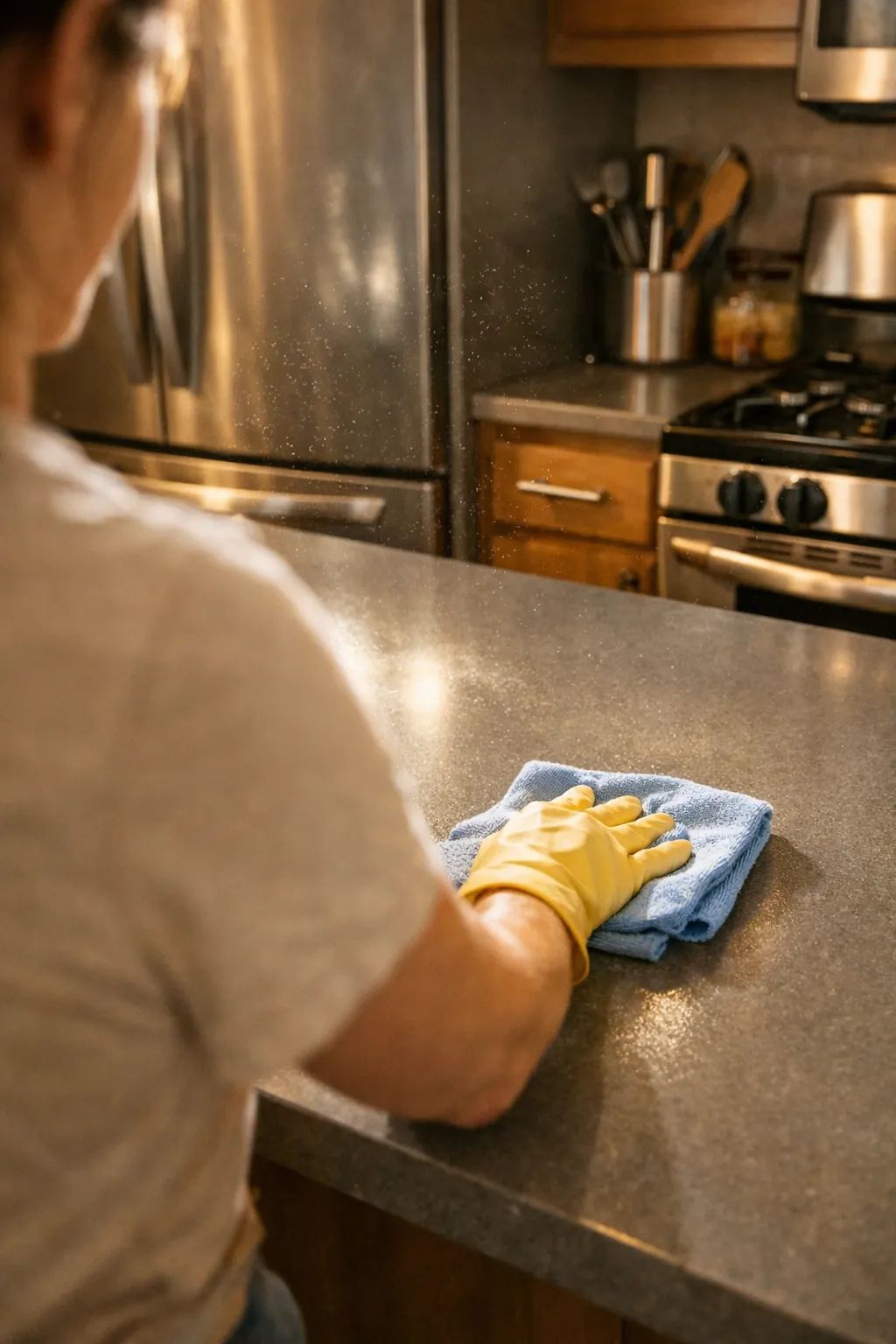Cleaner wiping a bright Edmonton home kitchen