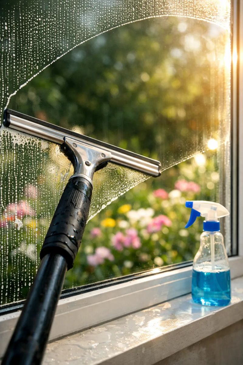 Window cleaner wiping glass in an Edmonton commercial space
